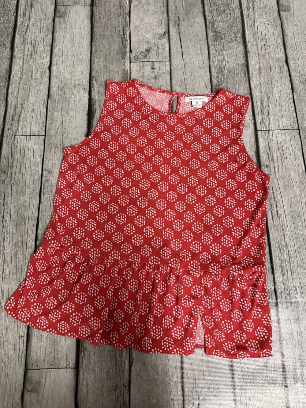 Women’s Liz Claiborne Peplum Hem Sleeveless Blouse Red White Print Sz Medium